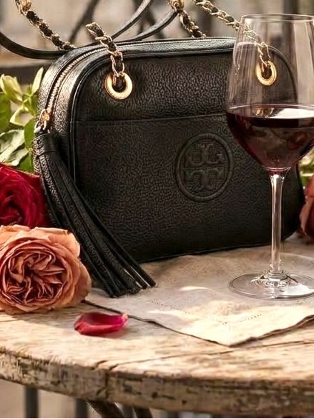 Authentic Tory Burch Bombe Chain Shoulder Bag Black Pebbled Leather Tassel Gold